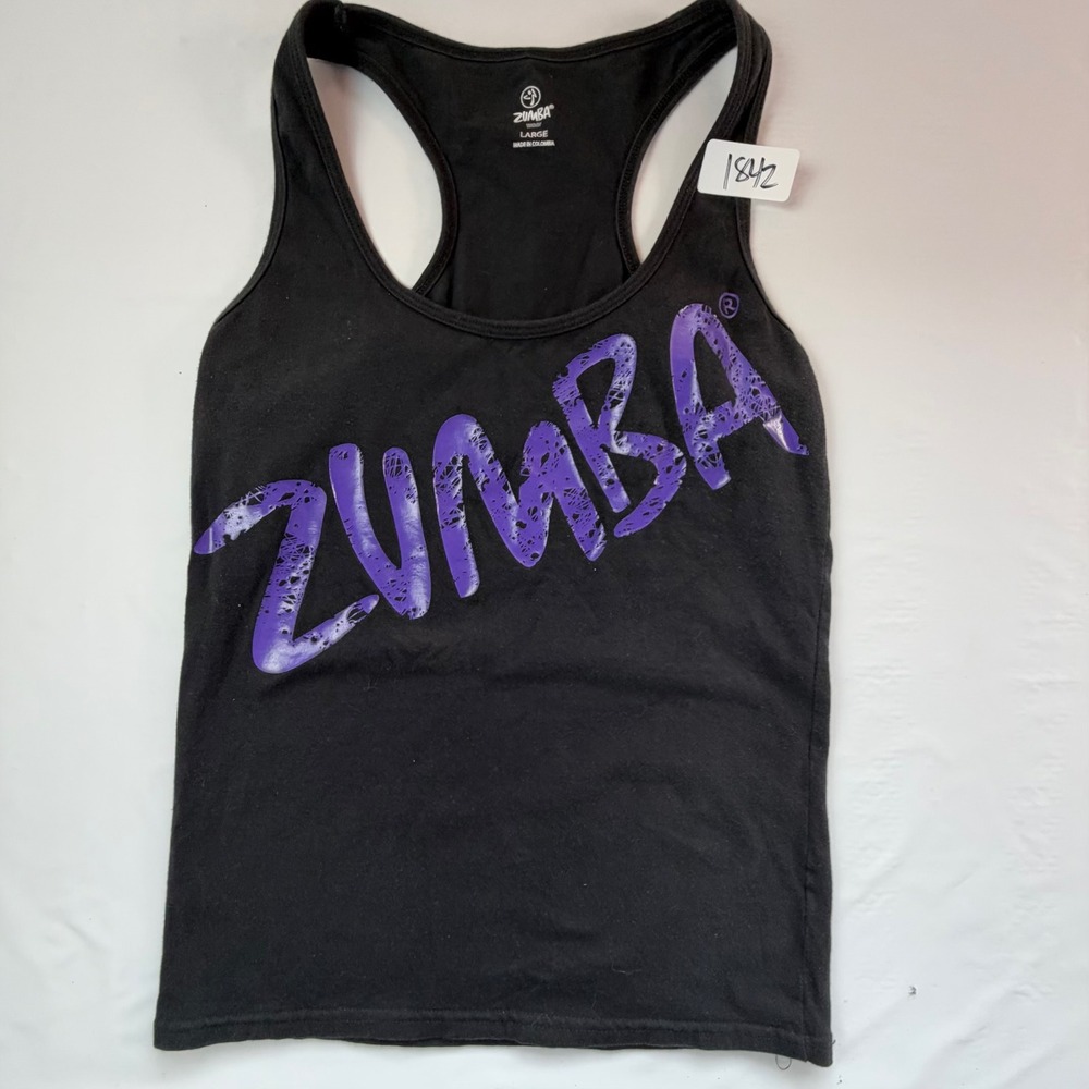 Zumba Tank Top Womens Large Black Purple Graphic Racerback Athletic Gym Wear